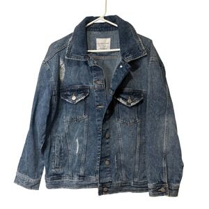 Celebrity Pink Womens Distressed Denim Jacket Medium Wash Oversized Trucker L